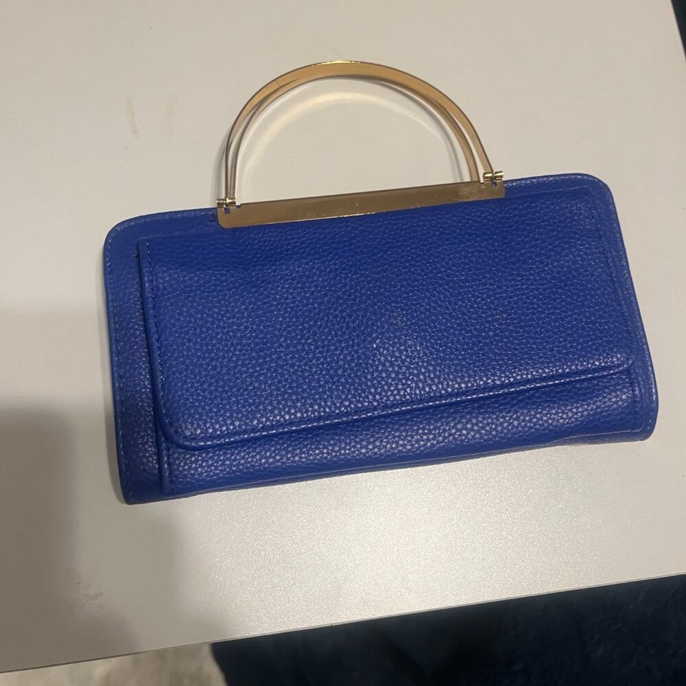 Blue fashion wallet wristlet with elegant gold-tone handles